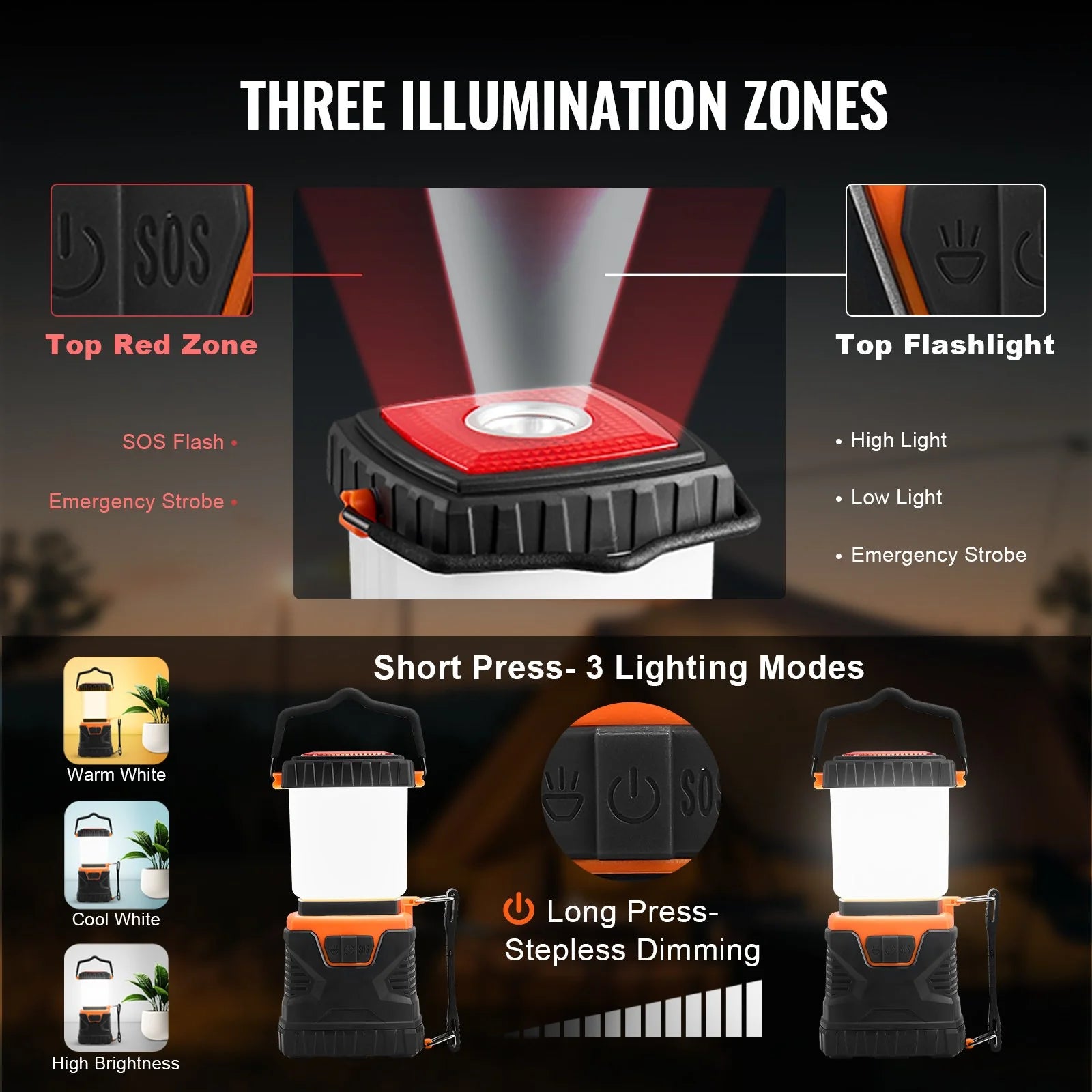 VEVOR LED Camping Lantern – Portable, Battery-Powered All-in-One Light